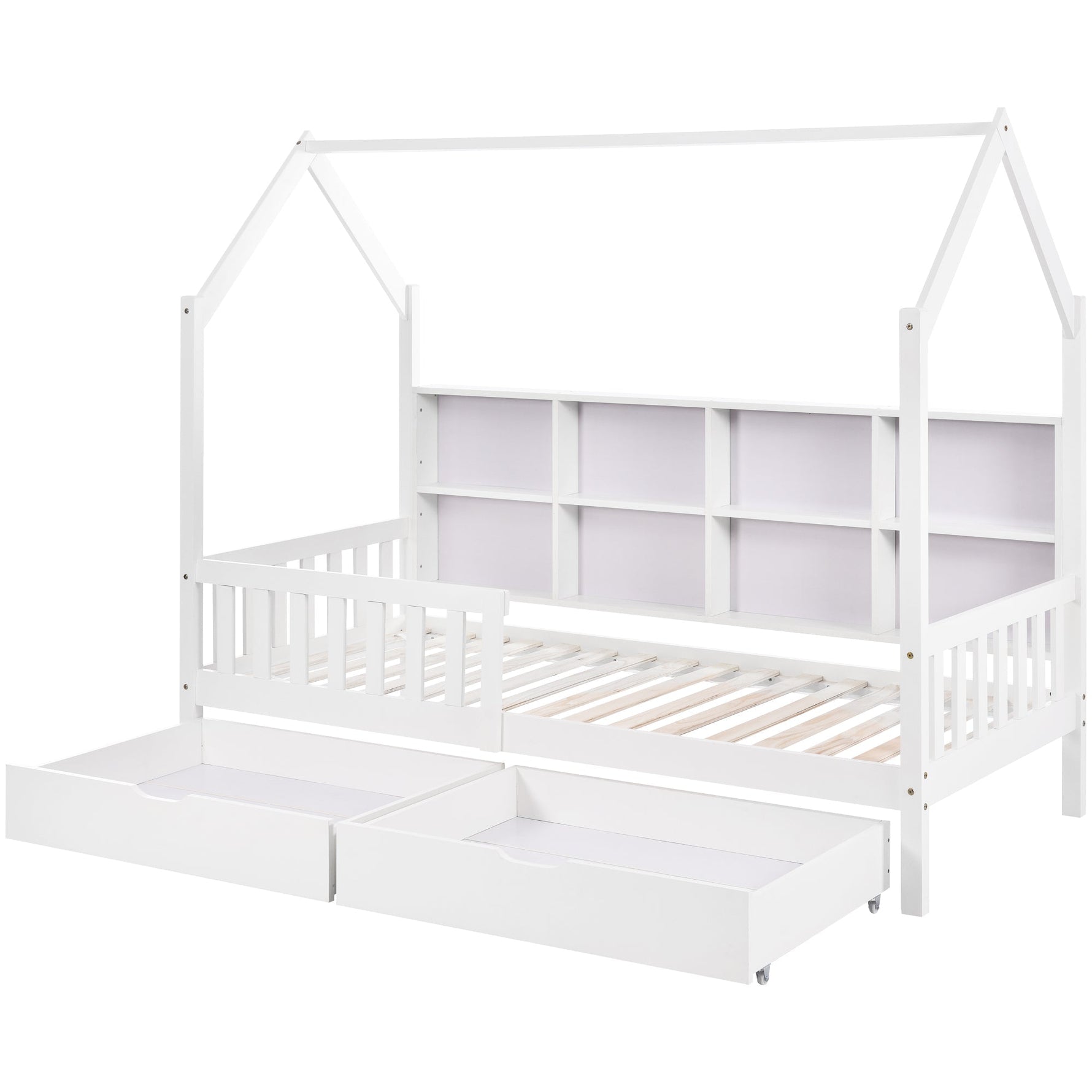House Bed 90x200cm Multifunctional Storage Bookshelf 2 Drawers Fireplace Shape - White