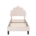 Upholstered Children's Bed with Flower Headboard and Slatted Frame, Velvet Fabric, Beige