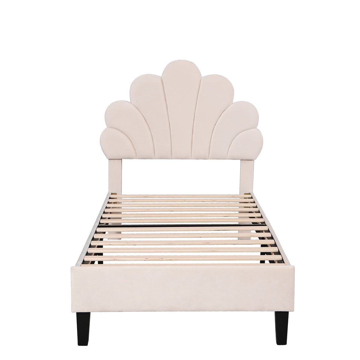 Upholstered Children's Bed with Flower Headboard and Slatted Frame, Velvet Fabric, Beige