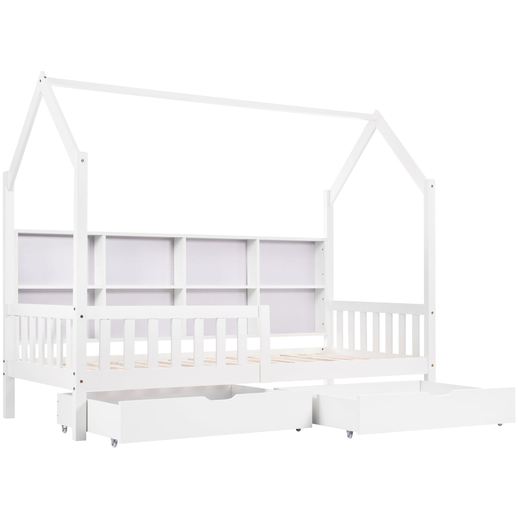 House Bed 90x200cm Multifunctional Storage Bookshelf 2 Drawers Fireplace Shape - White