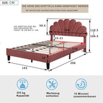 Upholstered Double Bed, 140x200cm Flower Headboard, Velvet Bean Red