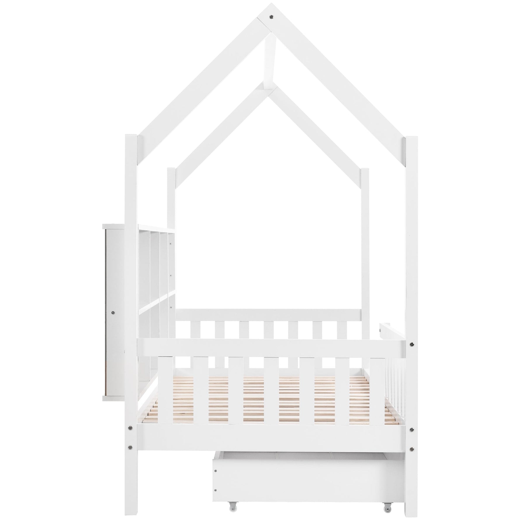 House Bed 90x200cm Multifunctional Storage Bookshelf 2 Drawers Fireplace Shape - White