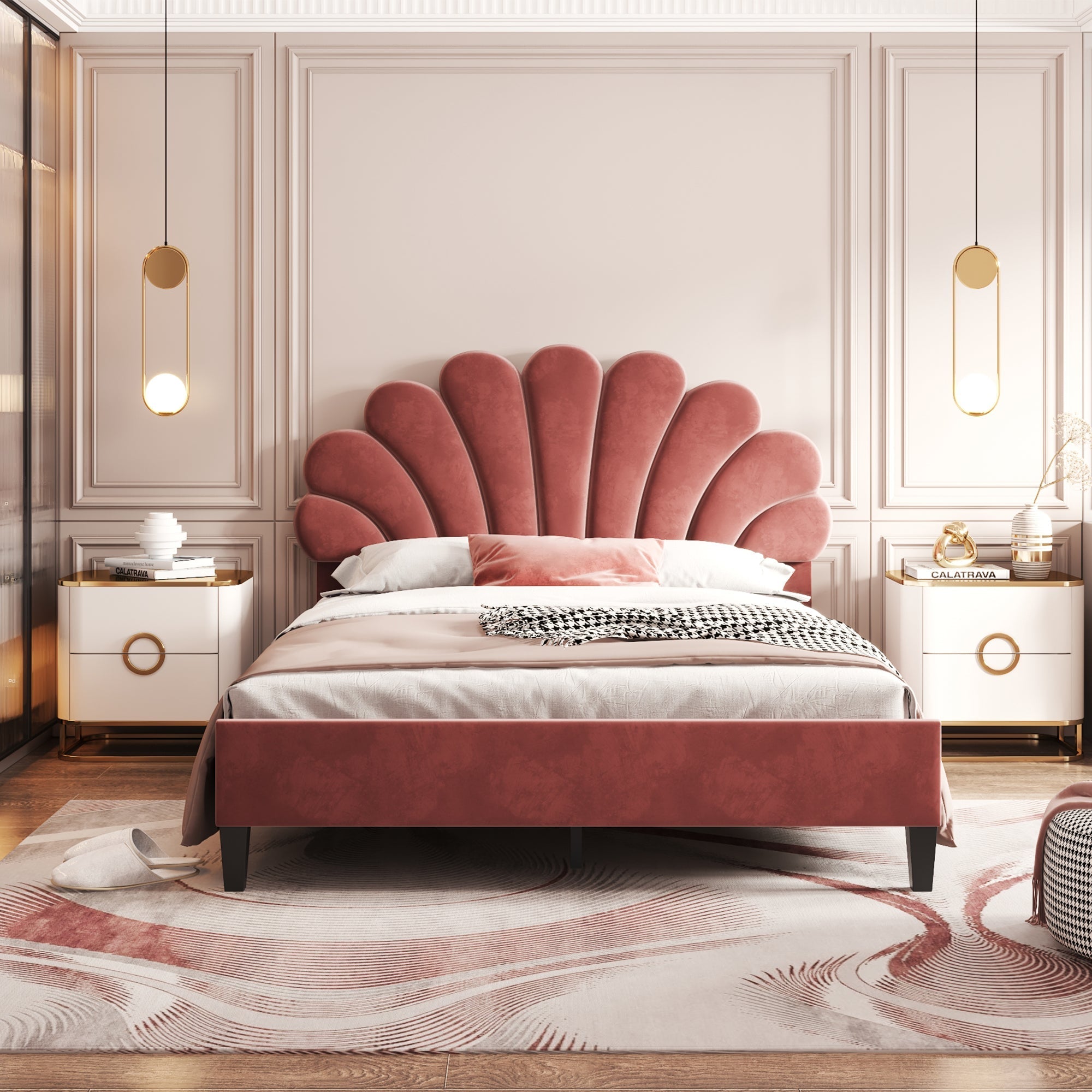 Upholstered Double Bed, 140x200cm Flower Headboard, Velvet Bean Red