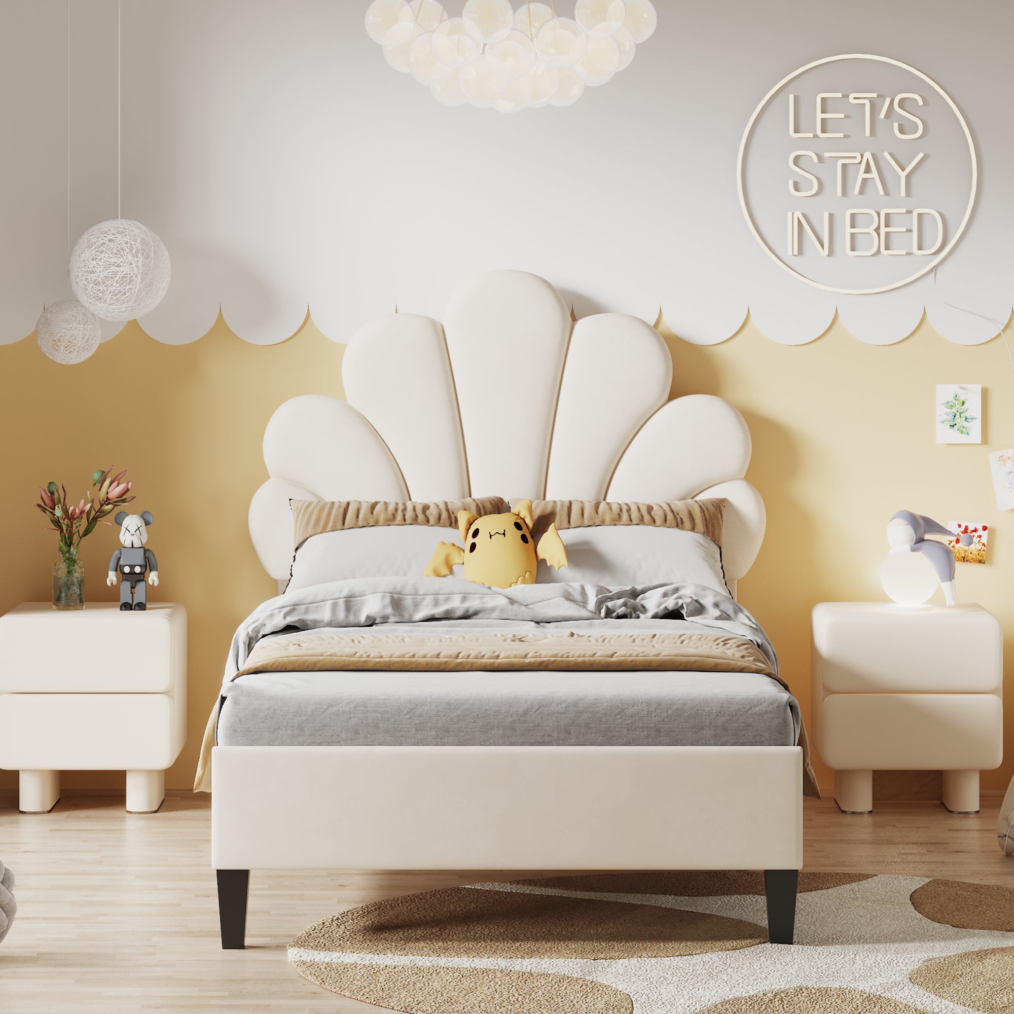 Upholstered Children's Bed with Flower Headboard and Slatted Frame, Velvet Fabric, Beige