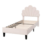 Upholstered Children's Bed with Flower Headboard and Slatted Frame, Velvet Fabric, Beige