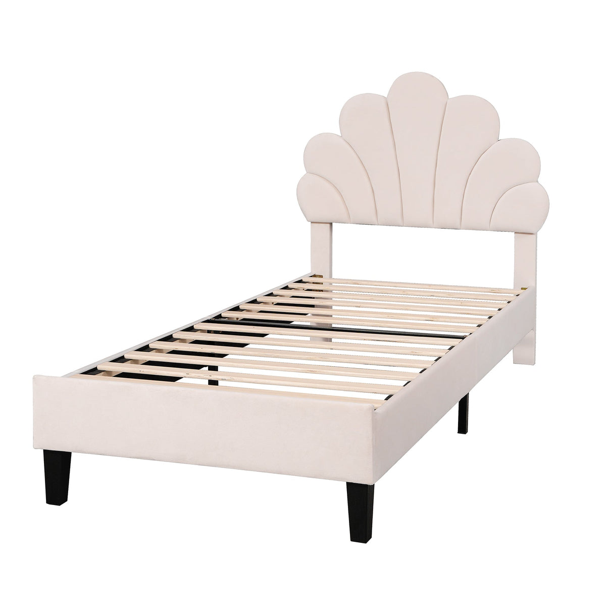 Upholstered Children's Bed with Flower Headboard and Slatted Frame, Velvet Fabric, Beige
