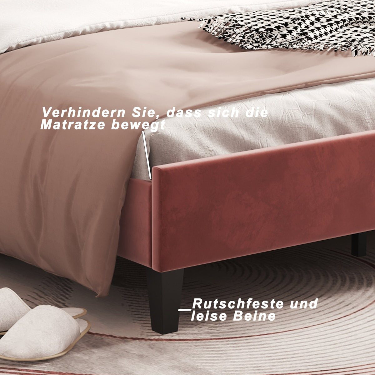 Upholstered Double Bed, 140x200cm Flower Headboard, Velvet Bean Red