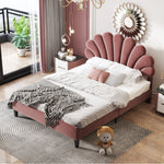 Upholstered Double Bed, 140x200cm Flower Headboard, Velvet Bean Red