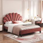 Upholstered Double Bed, 140x200cm Flower Headboard, Velvet Bean Red