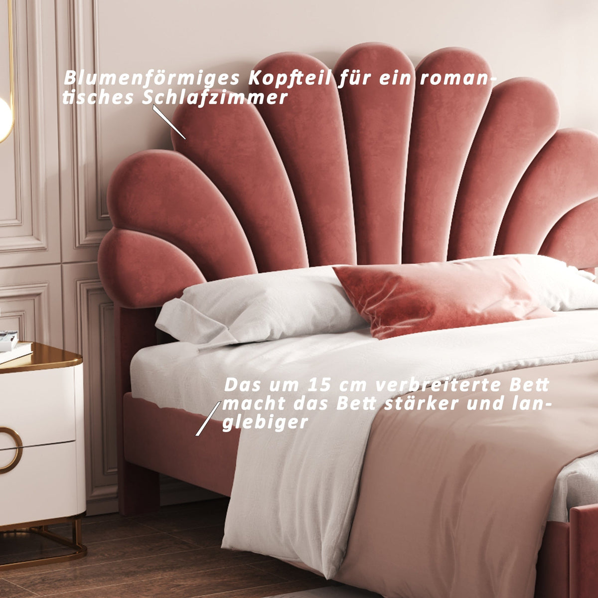 Upholstered Double Bed, 140x200cm Flower Headboard, Velvet Bean Red