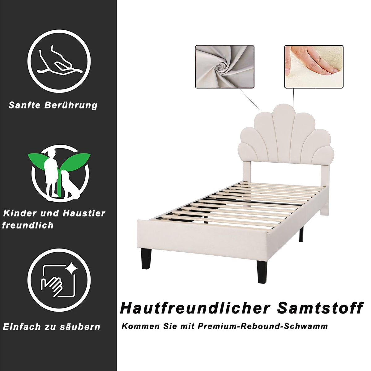 Upholstered Children's Bed with Flower Headboard and Slatted Frame, Velvet Fabric, Beige