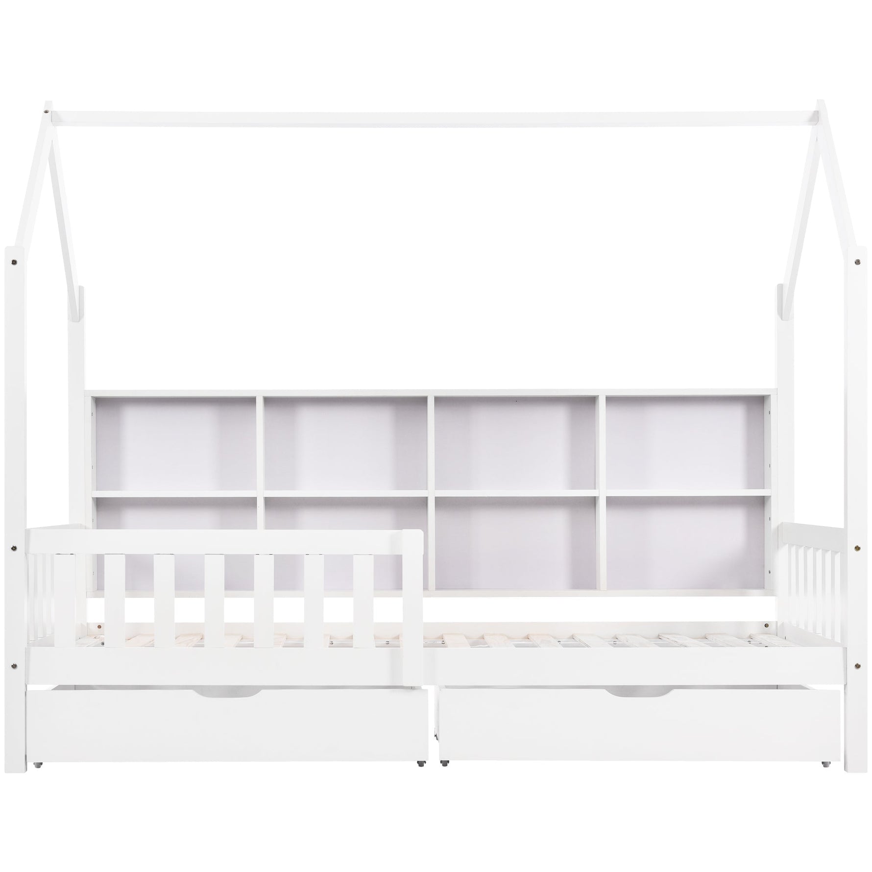 House Bed 90x200cm Multifunctional Storage Bookshelf 2 Drawers Fireplace Shape - White