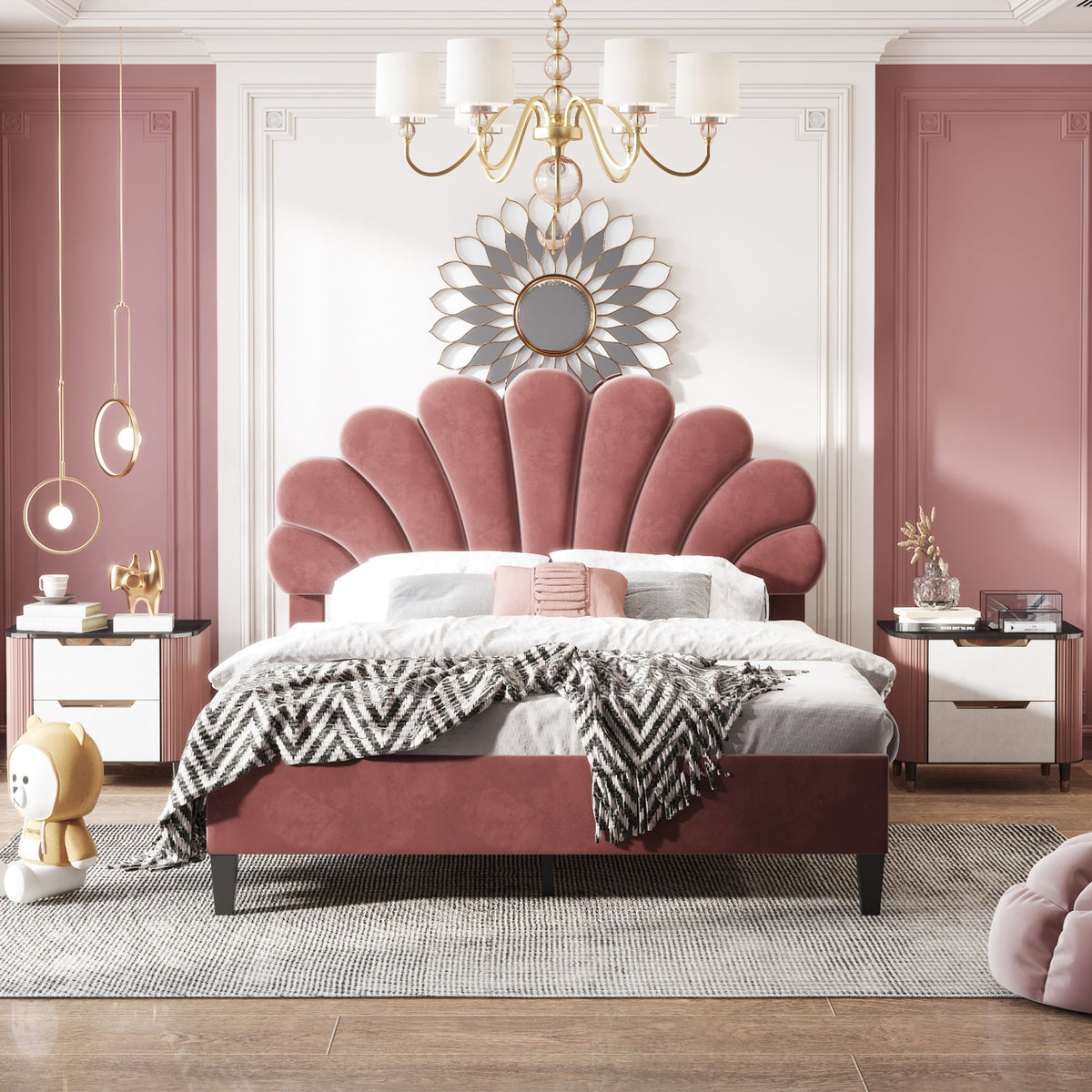 Upholstered Double Bed, 140x200cm Flower Headboard, Velvet Bean Red