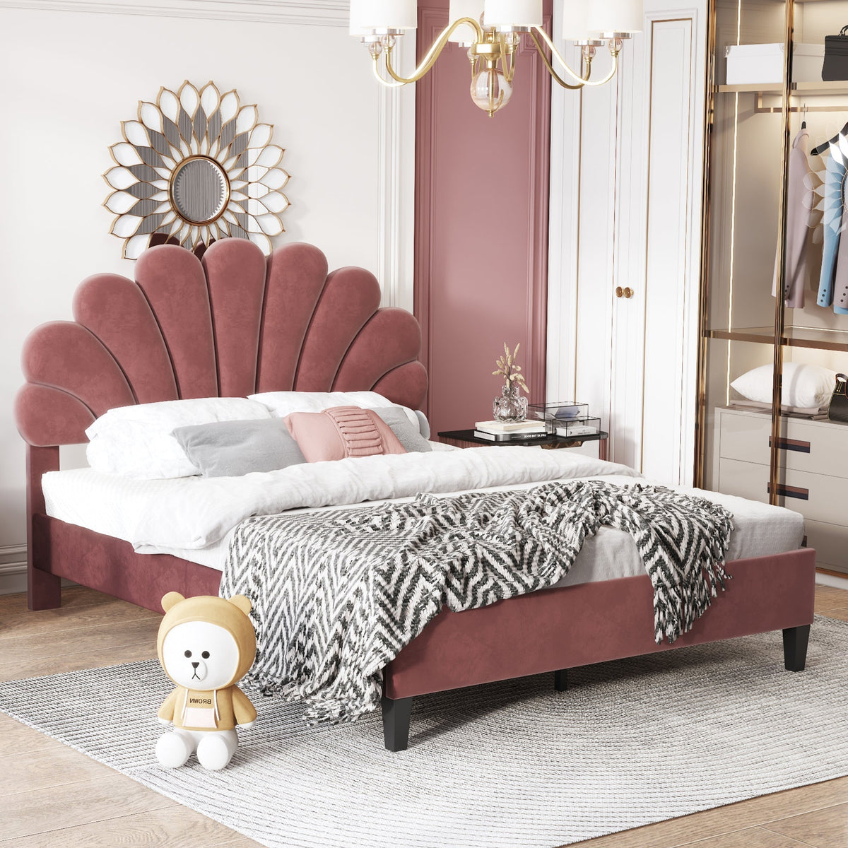 Upholstered Double Bed, 140x200cm Flower Headboard, Velvet Bean Red