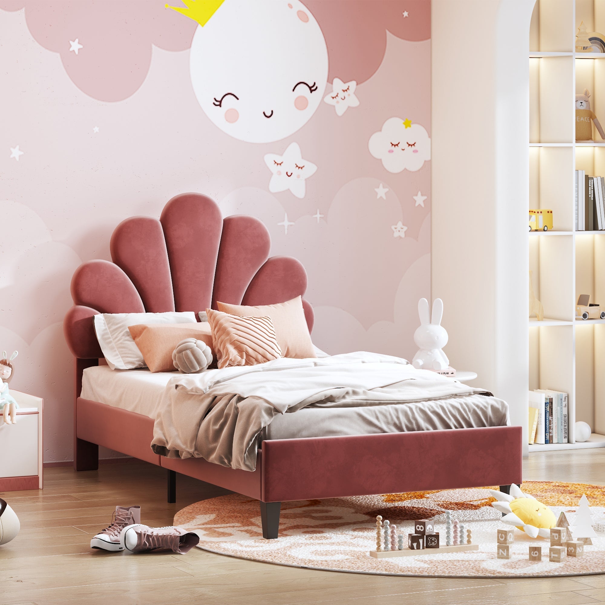 Upholstered Children's Bed 90 x 200 cm, Flower Headboard, Slatted Frame, Velvet Fabric, Bean Red