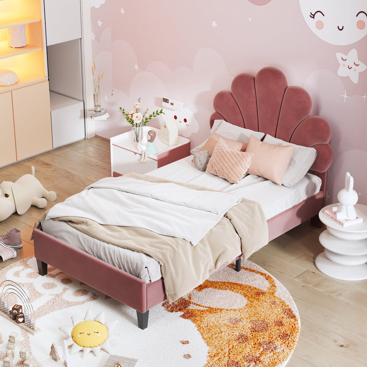 Upholstered Children's Bed 90 x 200 cm, Flower Headboard, Slatted Frame, Velvet Fabric, Bean Red