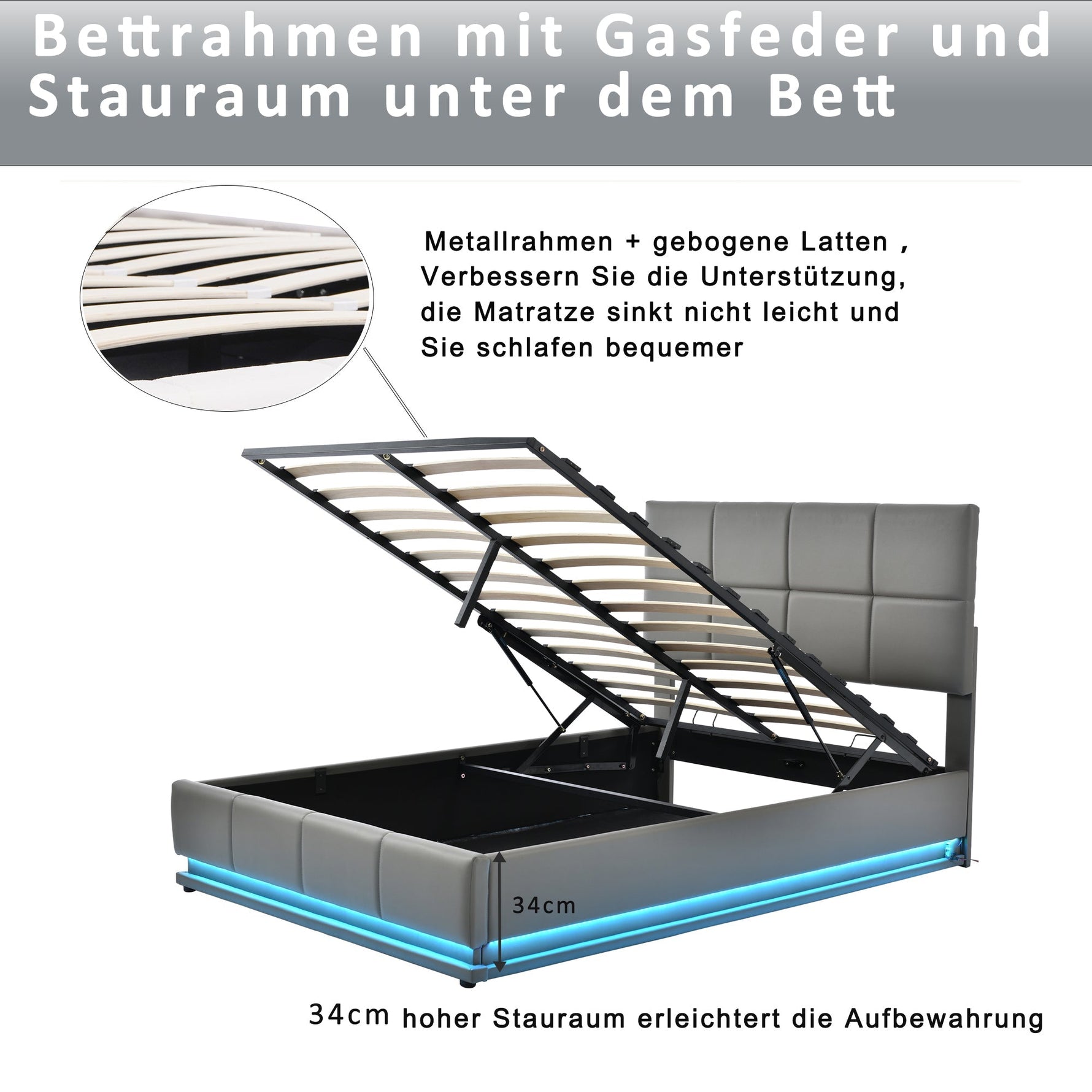 Upholstered Bed, 140x200cm LED Lighting & Liftable Storage, Faux Leather Gray