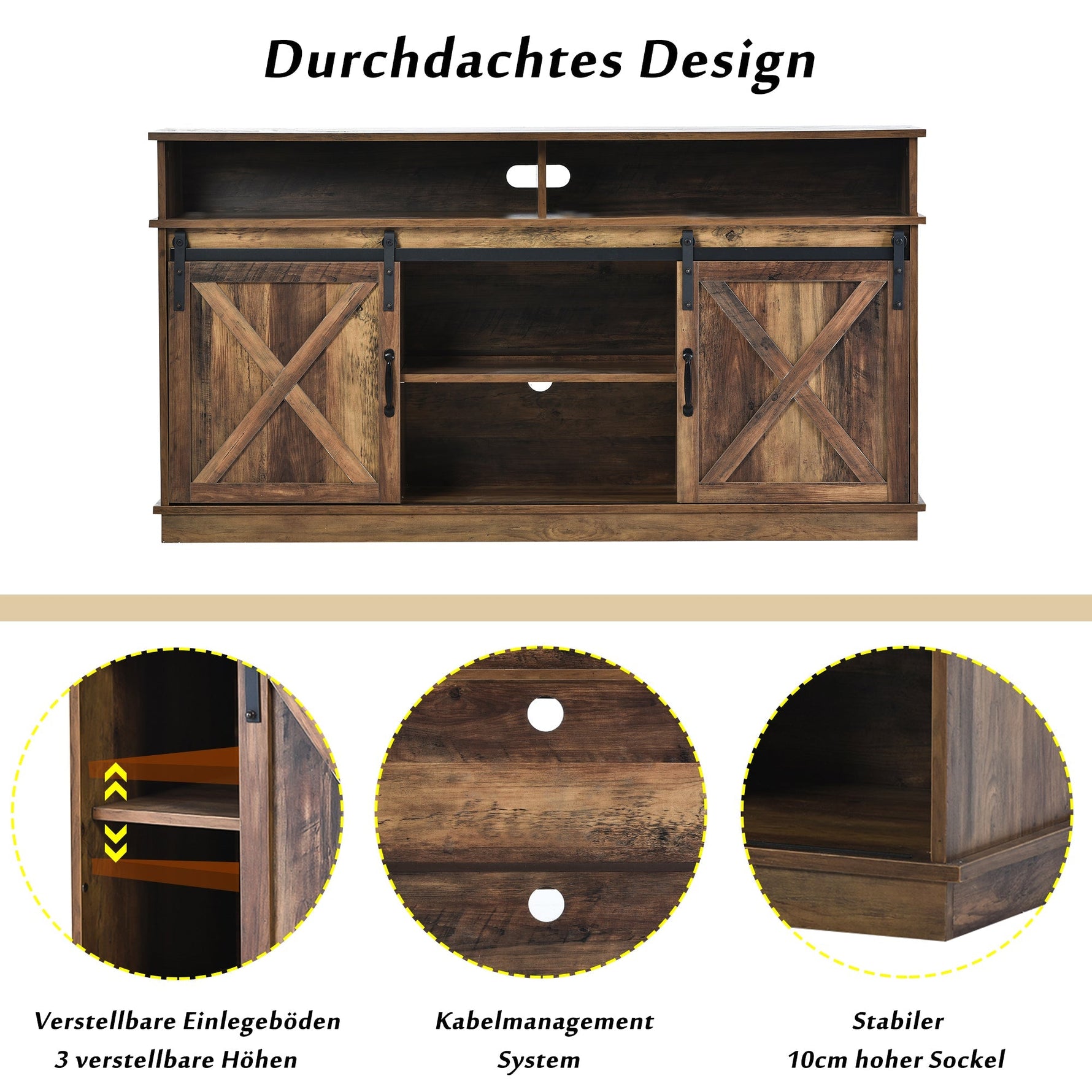 TV Cabinet, Sideboard Entertainment Center, Sliding Doors, Adjustable Shelves, Farmhouse Design Wood