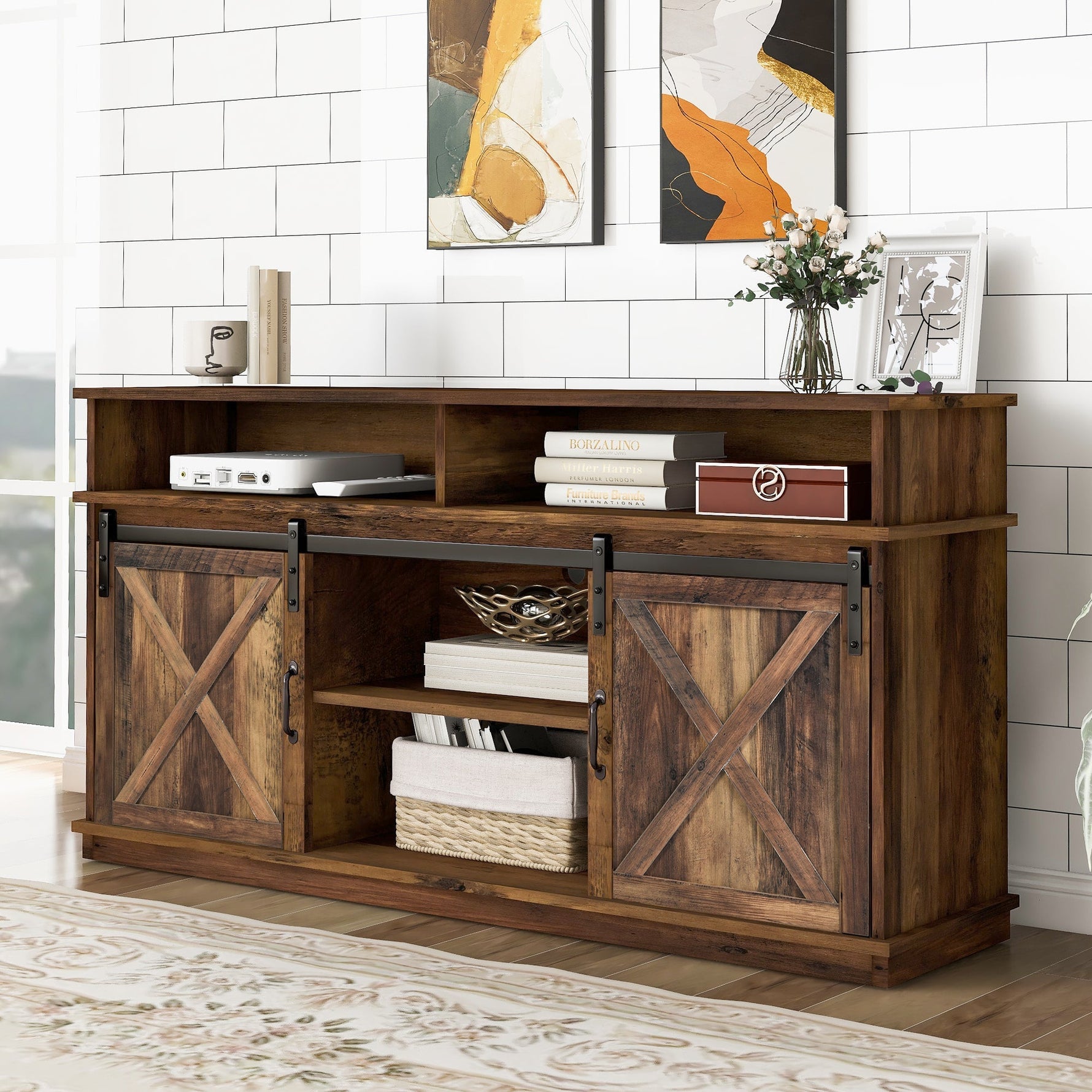 TV Cabinet, Sideboard Entertainment Center, Sliding Doors, Adjustable Shelves, Farmhouse Design Wood