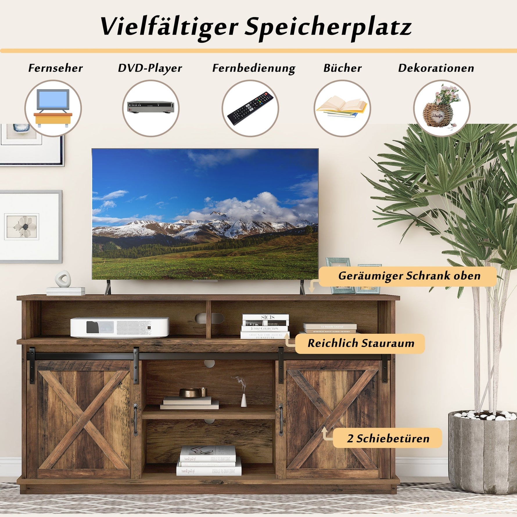 TV Cabinet, Sideboard Entertainment Center, Sliding Doors, Adjustable Shelves, Farmhouse Design Wood