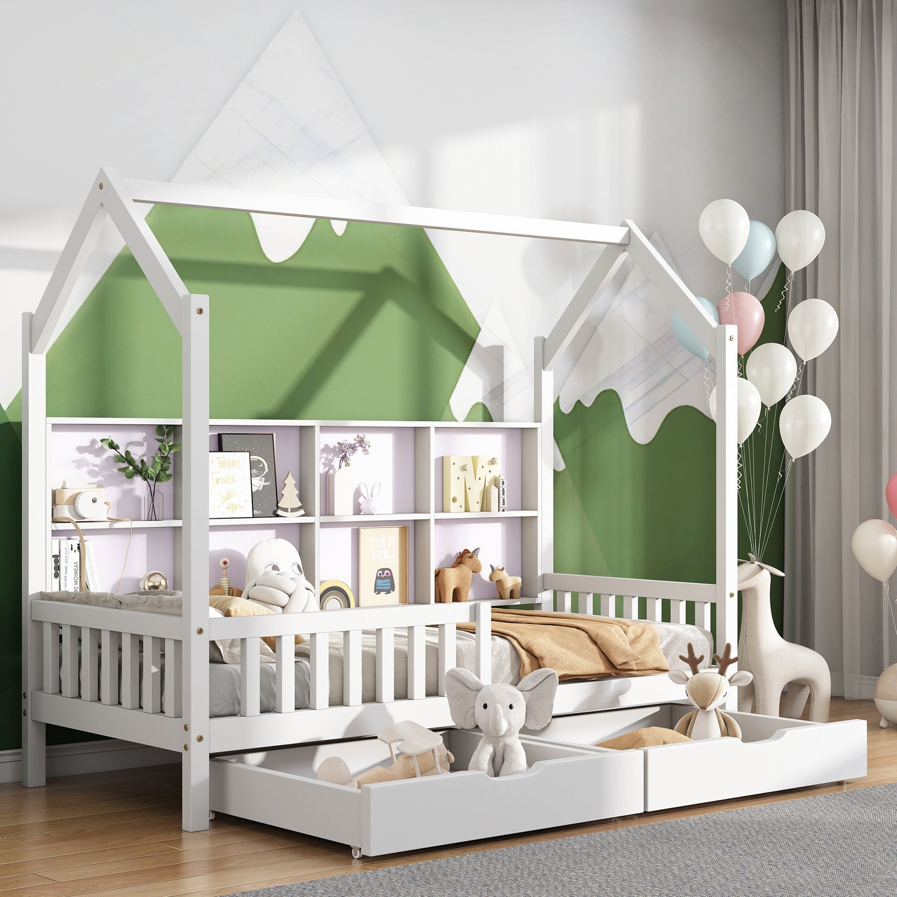 House Bed 90x200cm Multifunctional Storage Bookshelf 2 Drawers Fireplace Shape - White