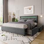 Bed Frame, 140x200cm, LED, 4 Drawers, Adjustable Headboard, Wooden Slats, Grey