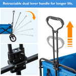Collapsible Station Wagon Outdoor All Terrain Trolley, Foldable Garden Cart with Mesh Cup Holder and Adjustable Handles, Blue