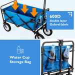 Collapsible Station Wagon Outdoor All Terrain Trolley, Foldable Garden Cart with Mesh Cup Holder and Adjustable Handles, Blue