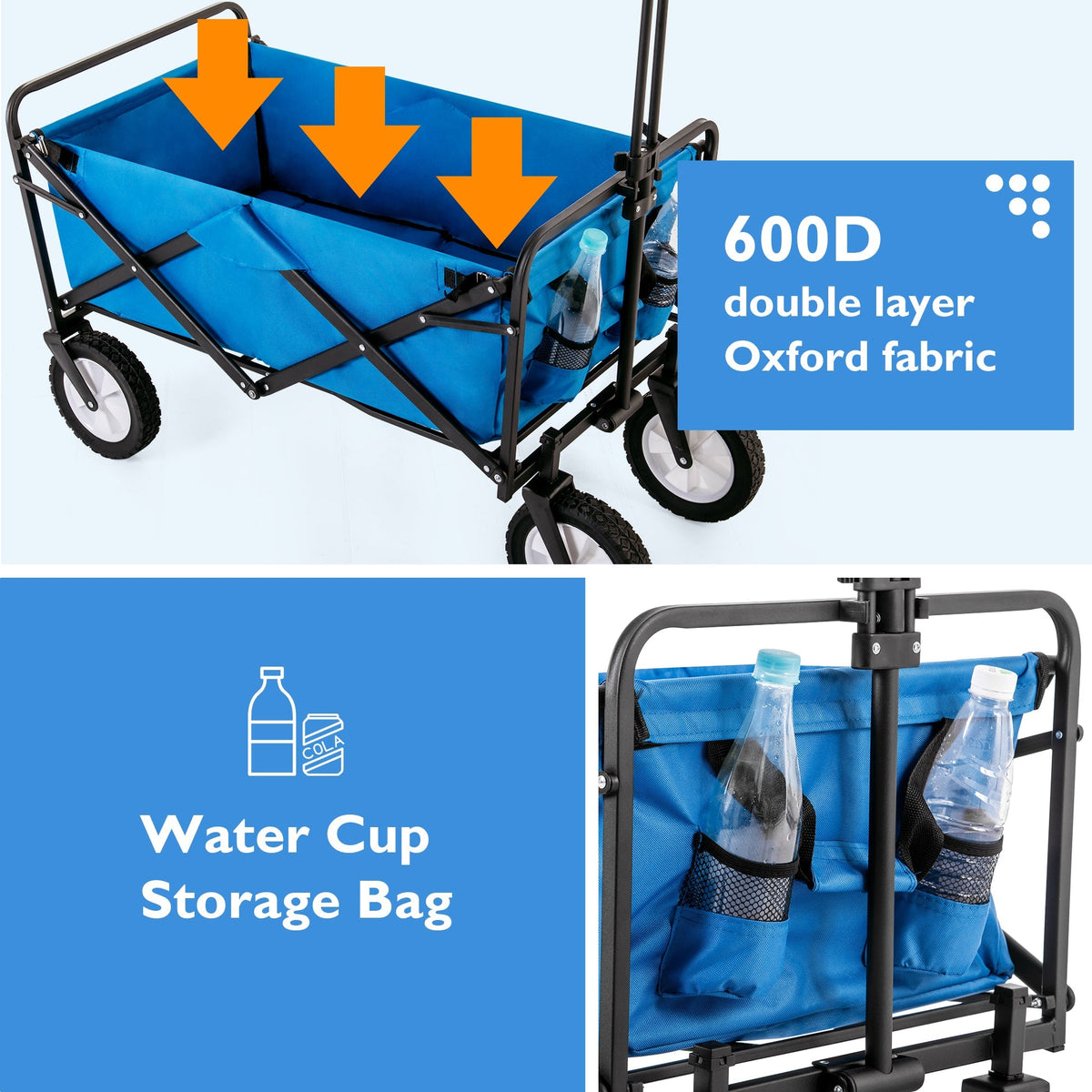 Collapsible Station Wagon Outdoor All Terrain Trolley, Foldable Garden Cart with Mesh Cup Holder and Adjustable Handles, Blue