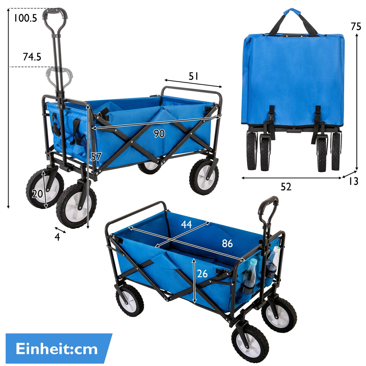 Collapsible Station Wagon Outdoor All Terrain Trolley, Foldable Garden Cart with Mesh Cup Holder and Adjustable Handles, Blue