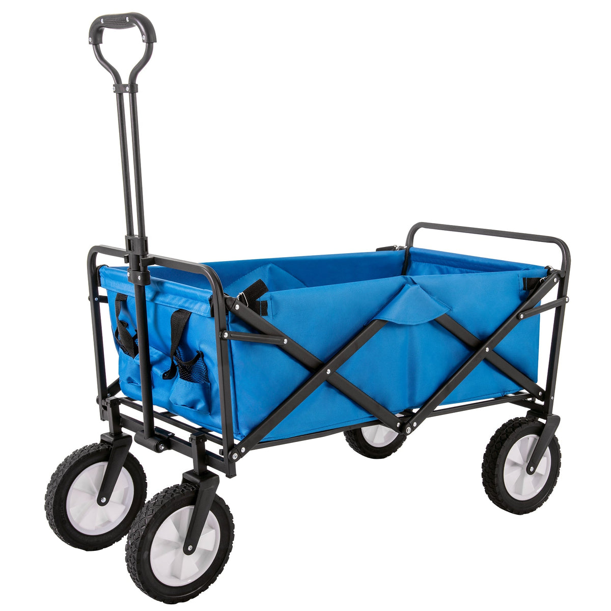 Collapsible Station Wagon Outdoor All Terrain Trolley, Foldable Garden Cart with Mesh Cup Holder and Adjustable Handles, Blue