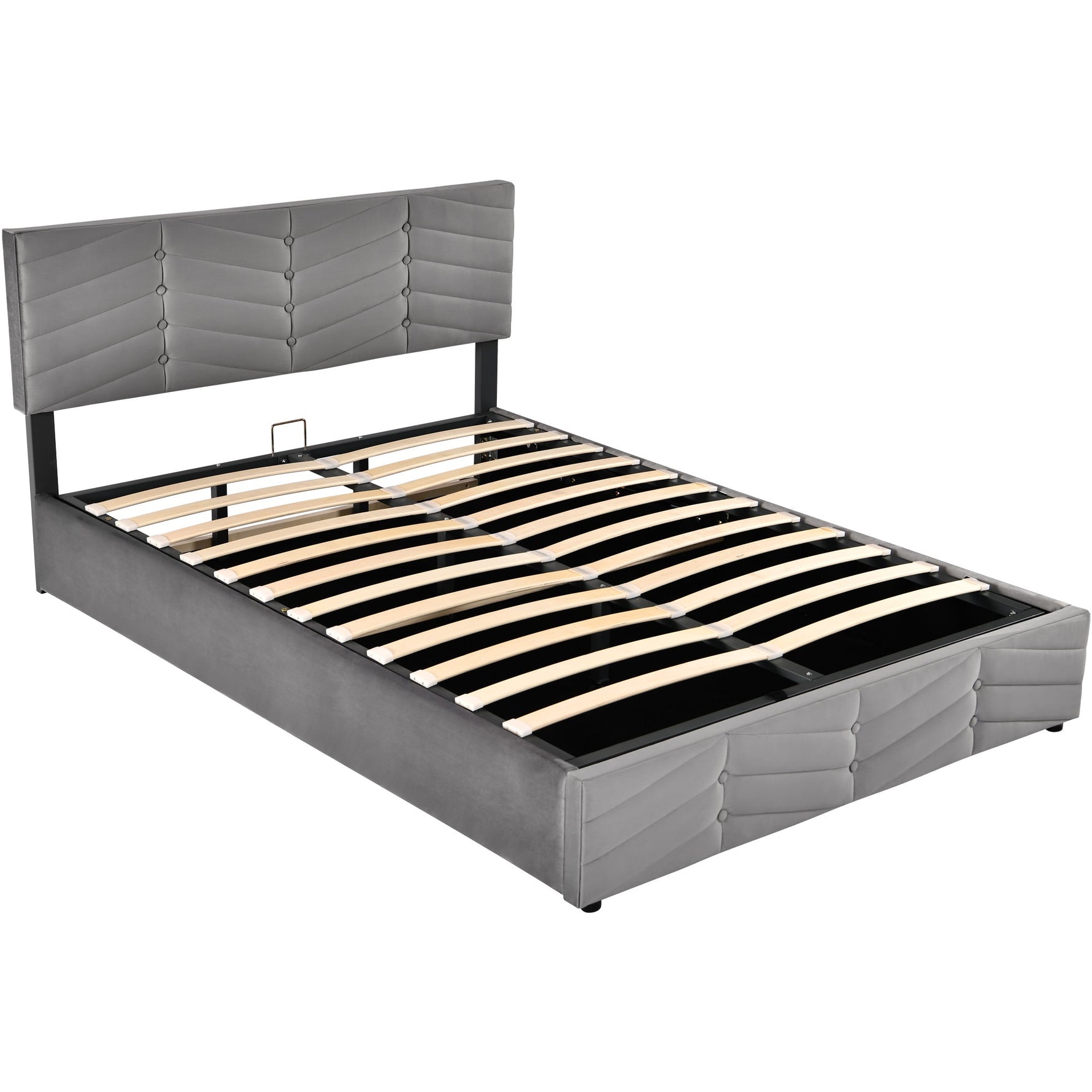 Upholstered Double Bed 140x200cm with Hydraulic Function, Striped Adjustable Headboard, Velvet Grey
