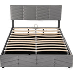 Upholstered Double Bed 140x200cm with Hydraulic Function, Striped Adjustable Headboard, Velvet Grey