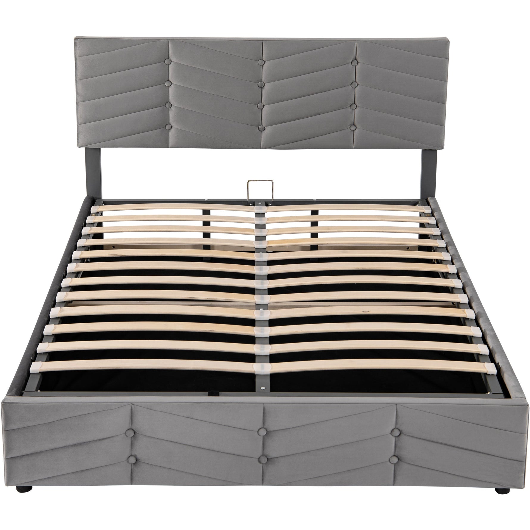 Upholstered Double Bed 140x200cm with Hydraulic Function, Striped Adjustable Headboard, Velvet Grey