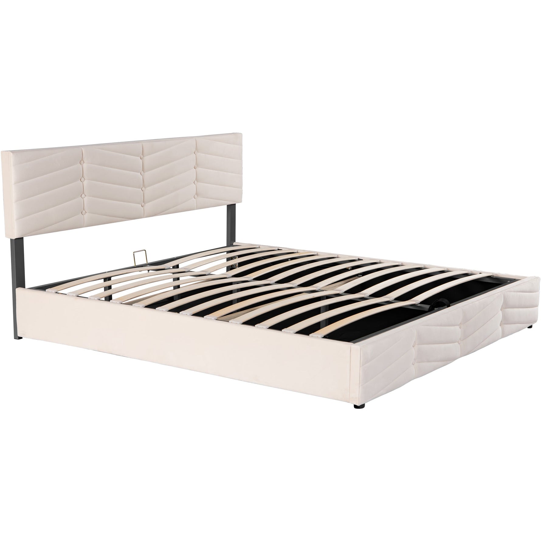 Upholstered Double Bed 180x200cm Hydraulic Storage Striped Headboard - Velvet Beige