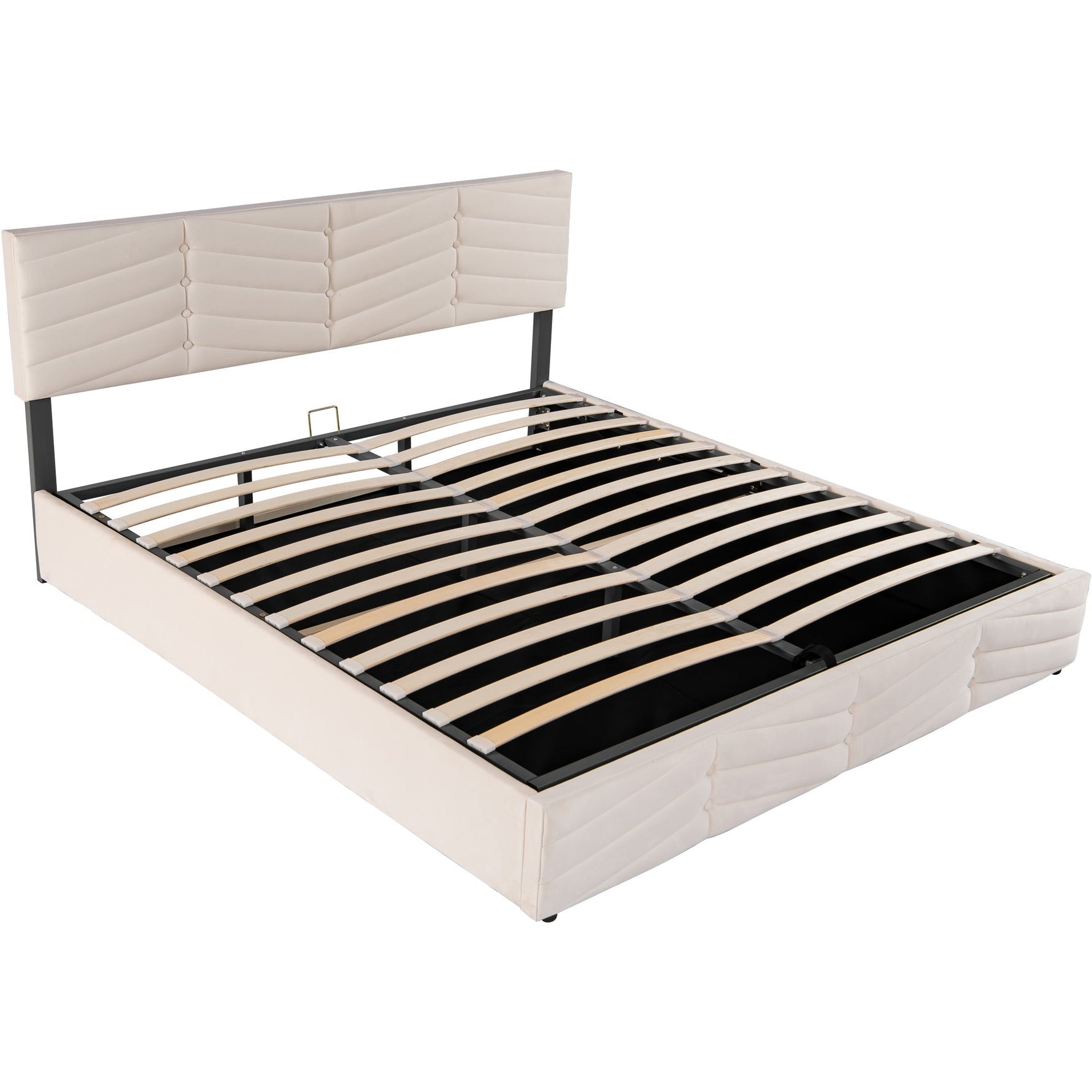 Upholstered Double Bed 180x200cm Hydraulic Storage Striped Headboard - Velvet Beige