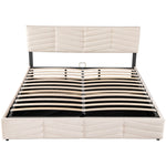 Upholstered Double Bed 180x200cm Hydraulic Storage Striped Headboard - Velvet Beige