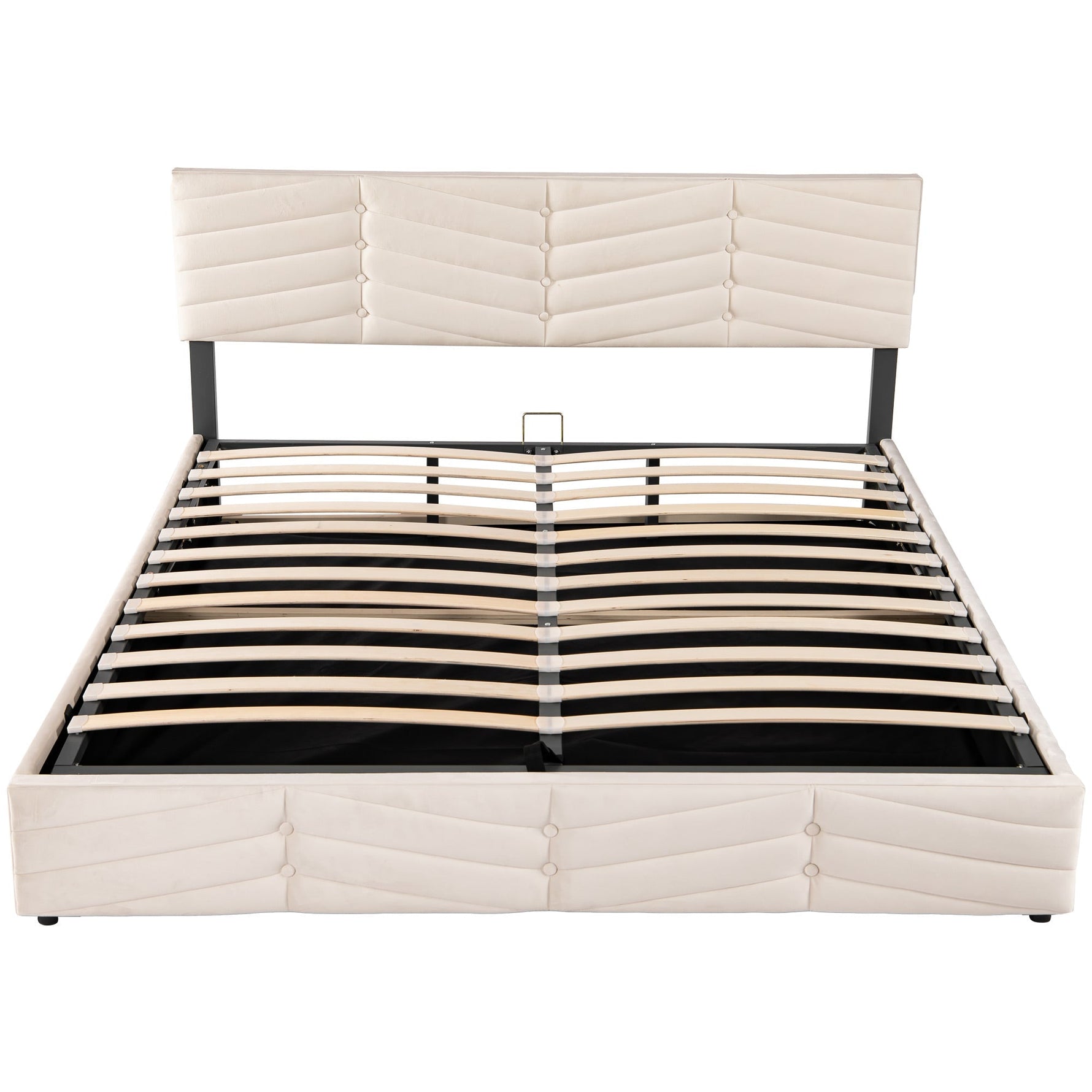 Upholstered Double Bed 180x200cm Hydraulic Storage Striped Headboard - Velvet Beige