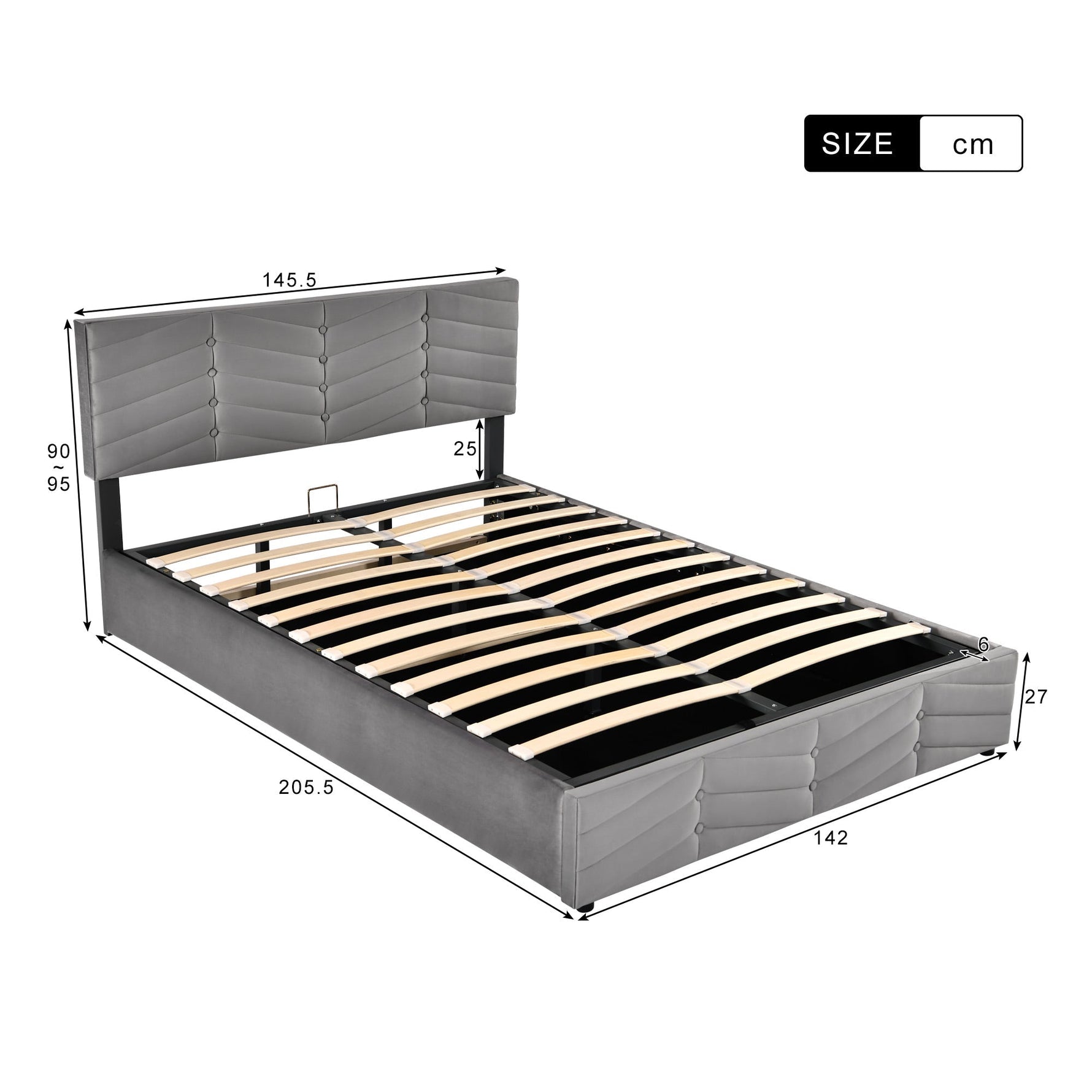 Upholstered Double Bed 140x200cm with Hydraulic Function, Striped Adjustable Headboard, Velvet Grey