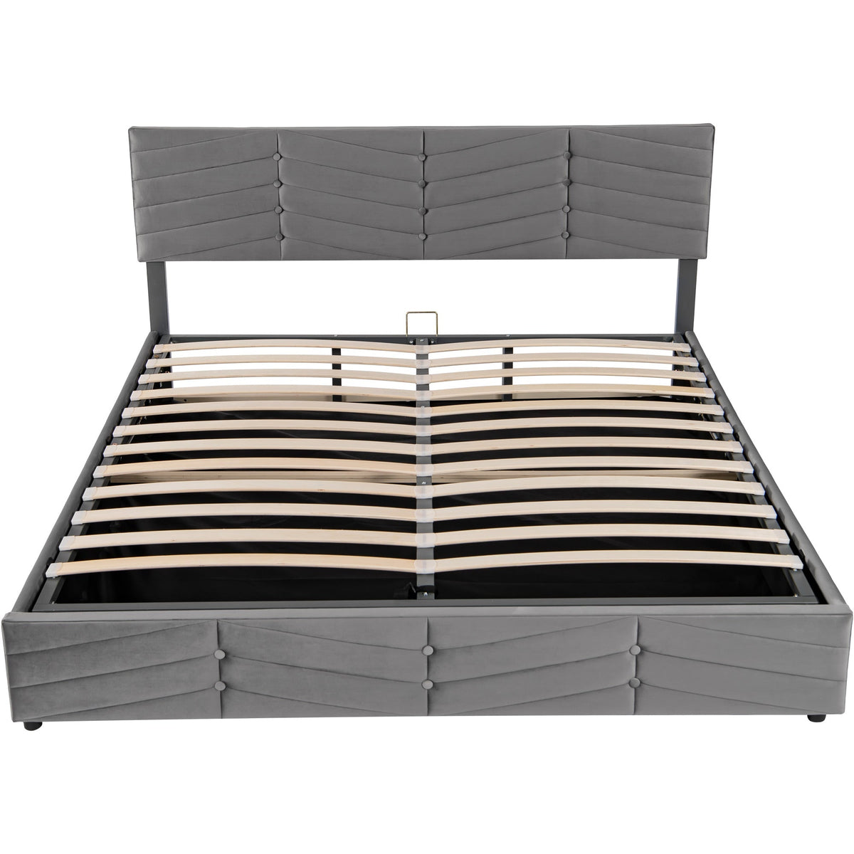 Upholstered Double Bed 160x200cm Hydraulic Lift Striped Height-Adjustable Headboard Velvet Grey