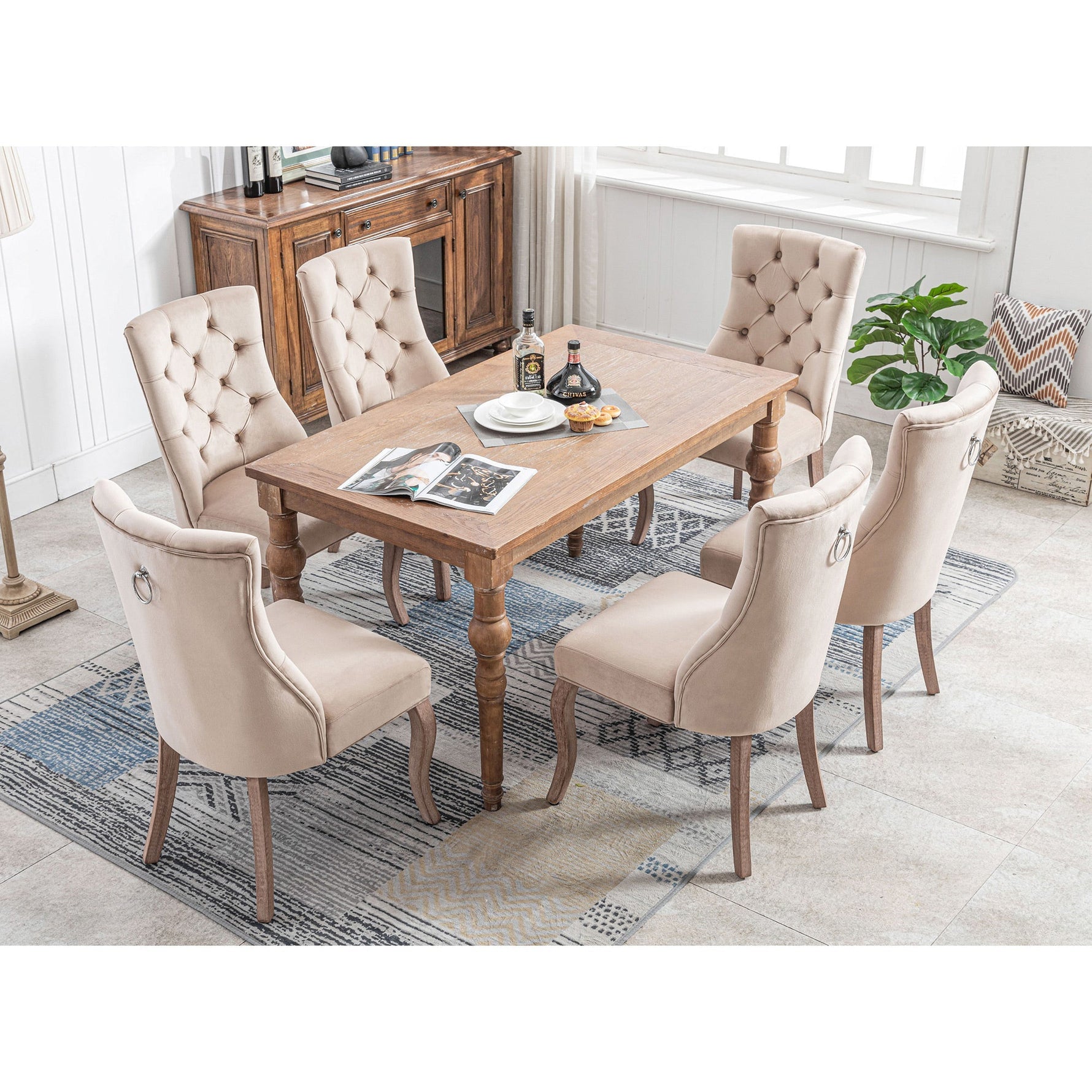 Dining Chair Set of 6 High Back Button Tufted Solid Wood Frame Beige Velvet