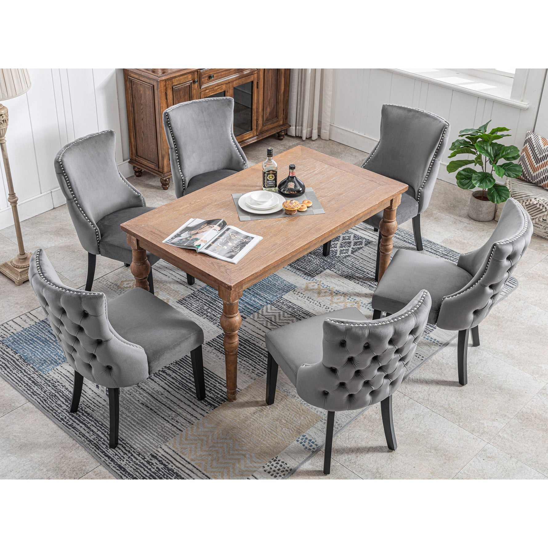 Dining Chair Set of 6 Velvet Button Tufting Solid Wood Frame Grey