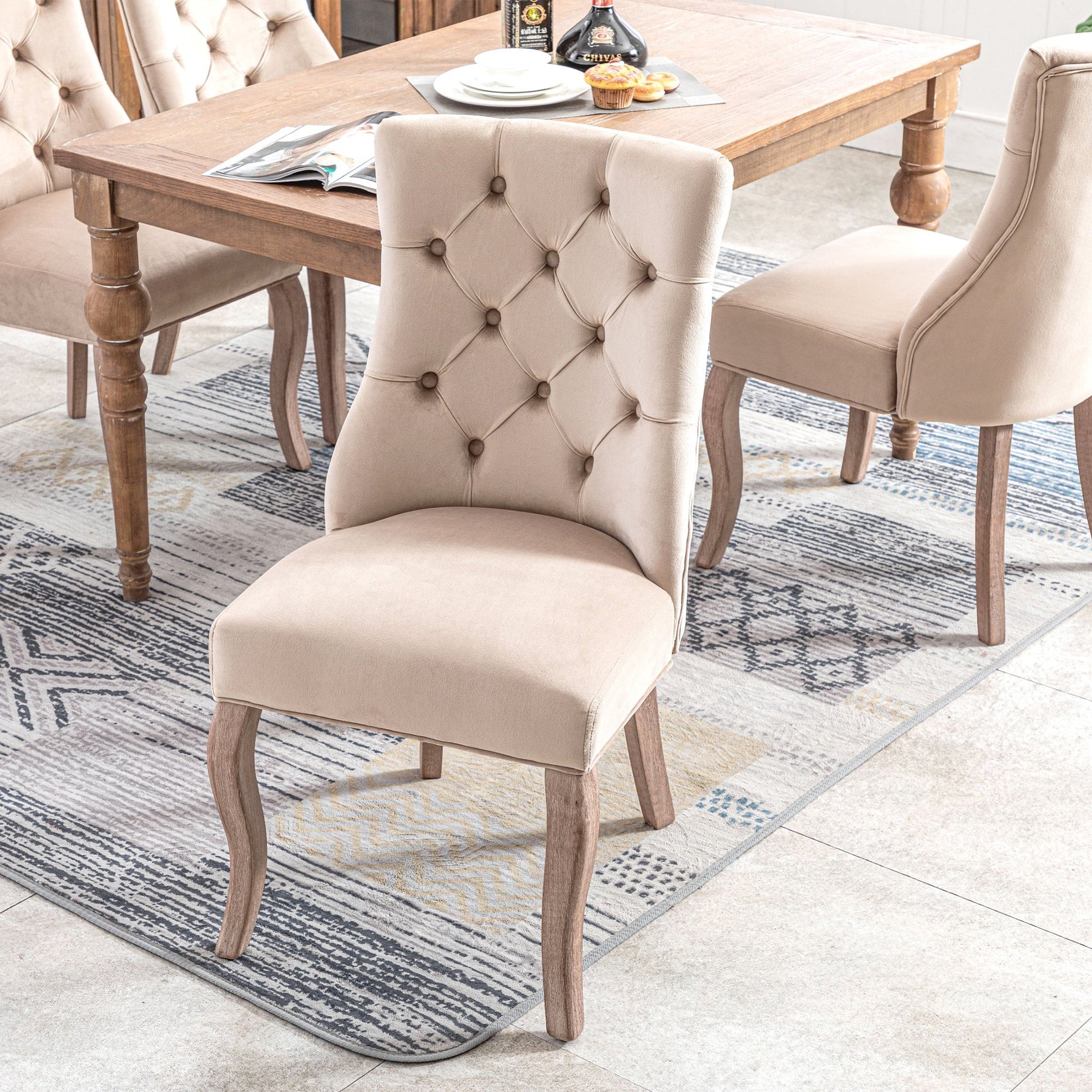 Dining Chair Set of 2 High Back Button Tufting Solid Wood Frame Beige Velvet
