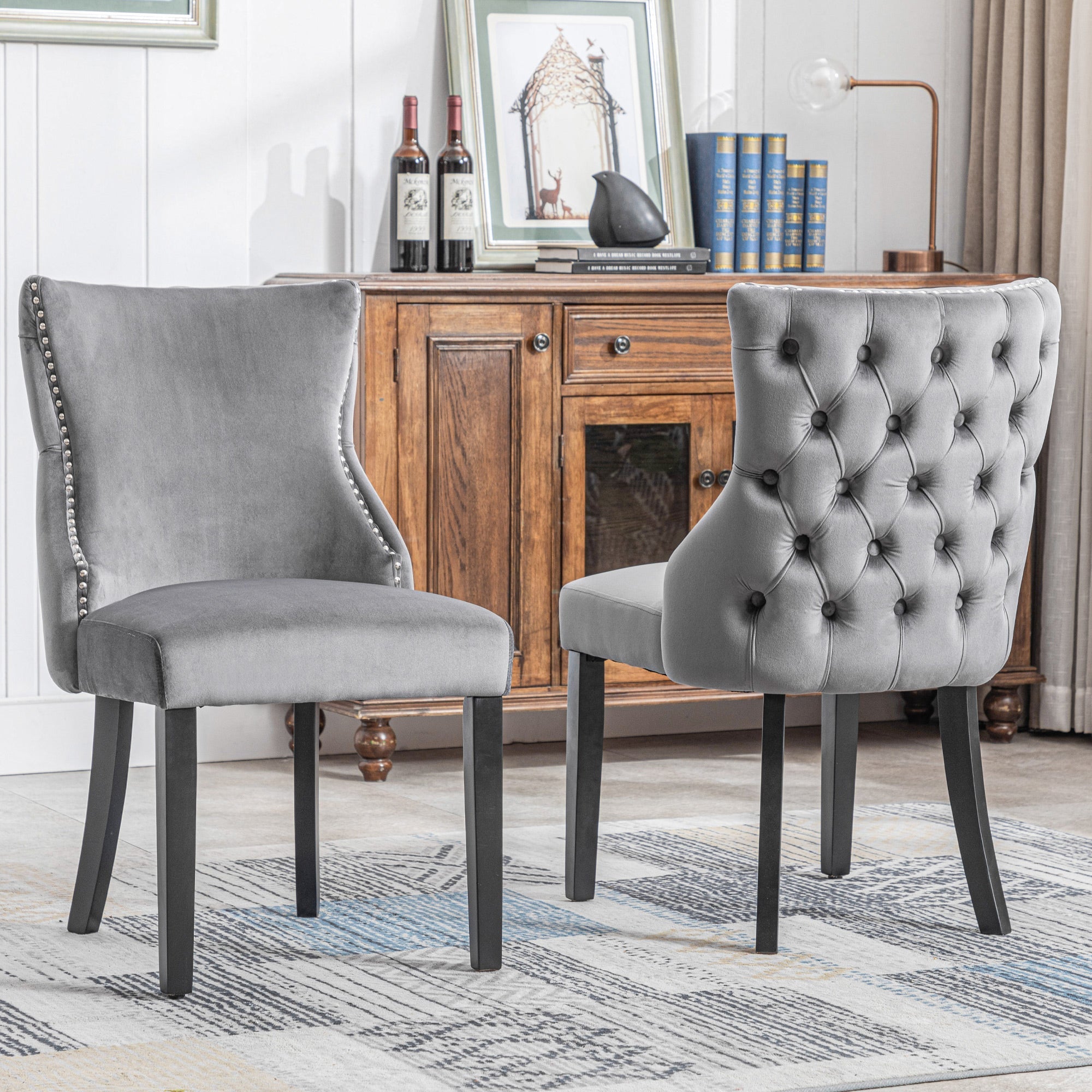 Dining Chairs (Set of 2) Button Tufting Solid Wood Frame, Grey Velvet