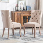 Dining Chair Set of 2 High Back Button Tufting Solid Wood Frame Beige Velvet