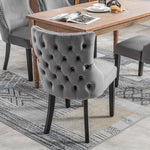 Set of 4 Dining Chairs, Button Tufted 4-Leg Solid Wood Frame, Grey Velvet