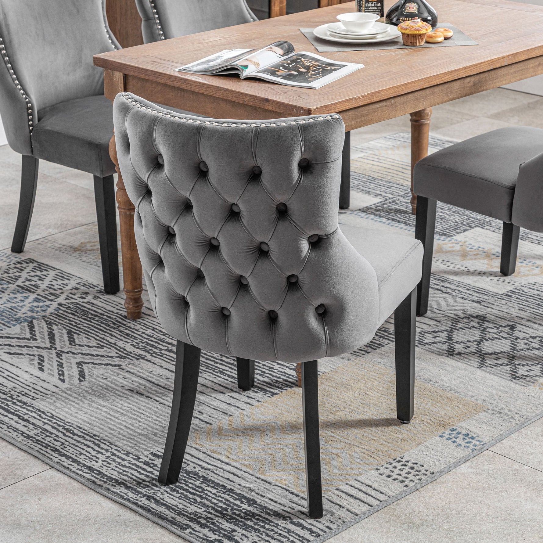 Set of 4 Dining Chairs, Button Tufted 4-Leg Solid Wood Frame, Grey Velvet