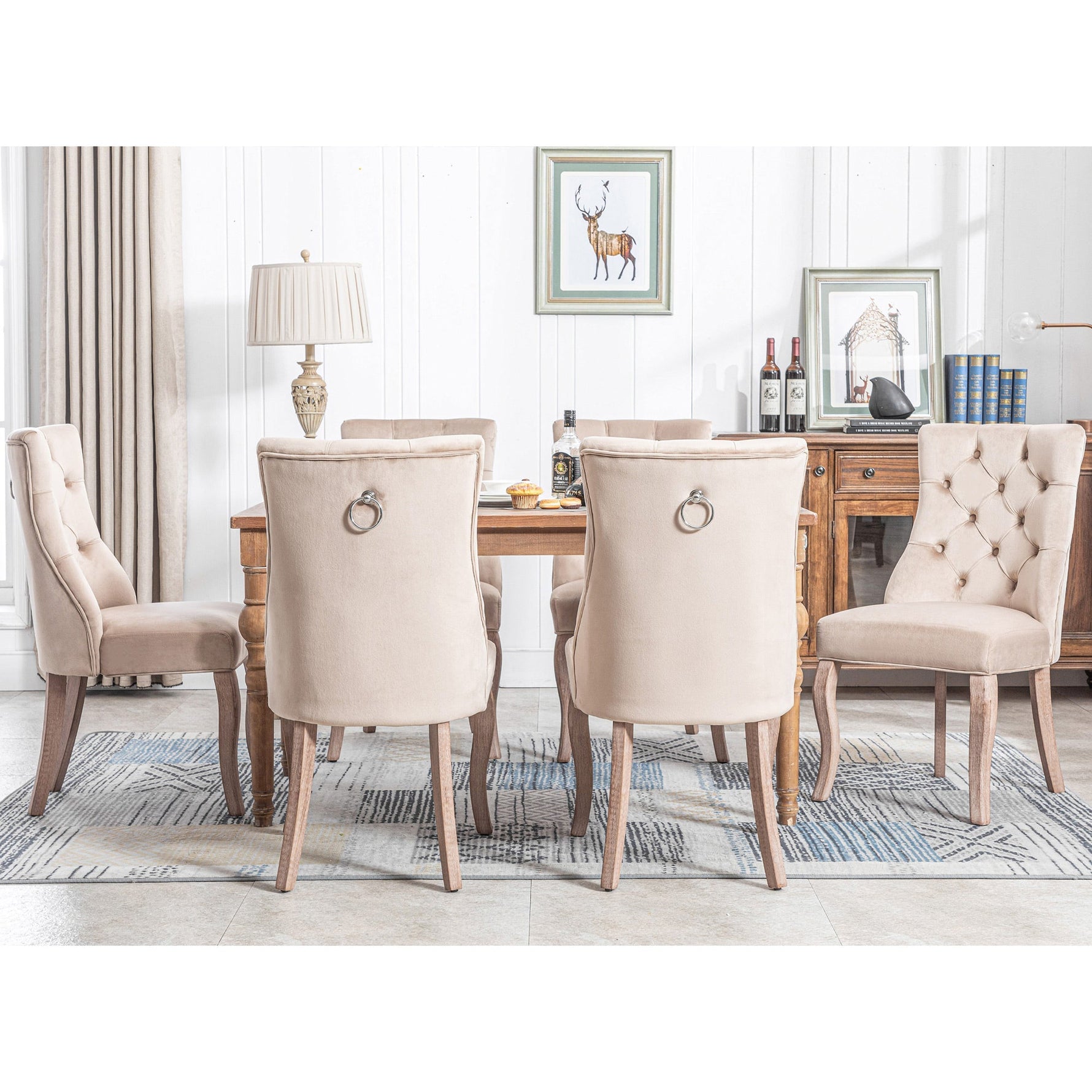 Dining Chair Set of 6 High Back Button Tufted Solid Wood Frame Beige Velvet
