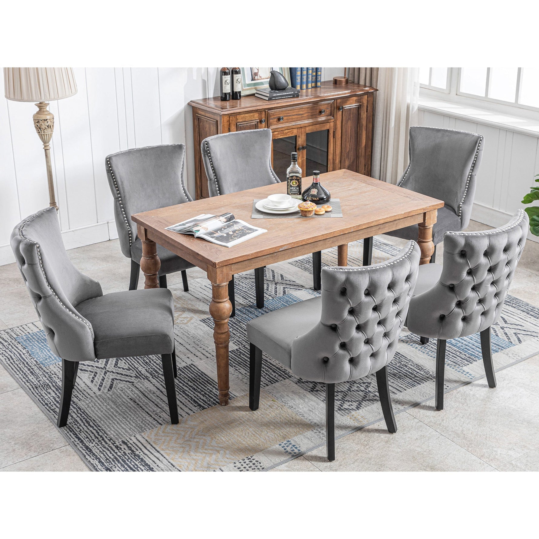 Dining Chair Set of 6 Velvet Button Tufting Solid Wood Frame Grey