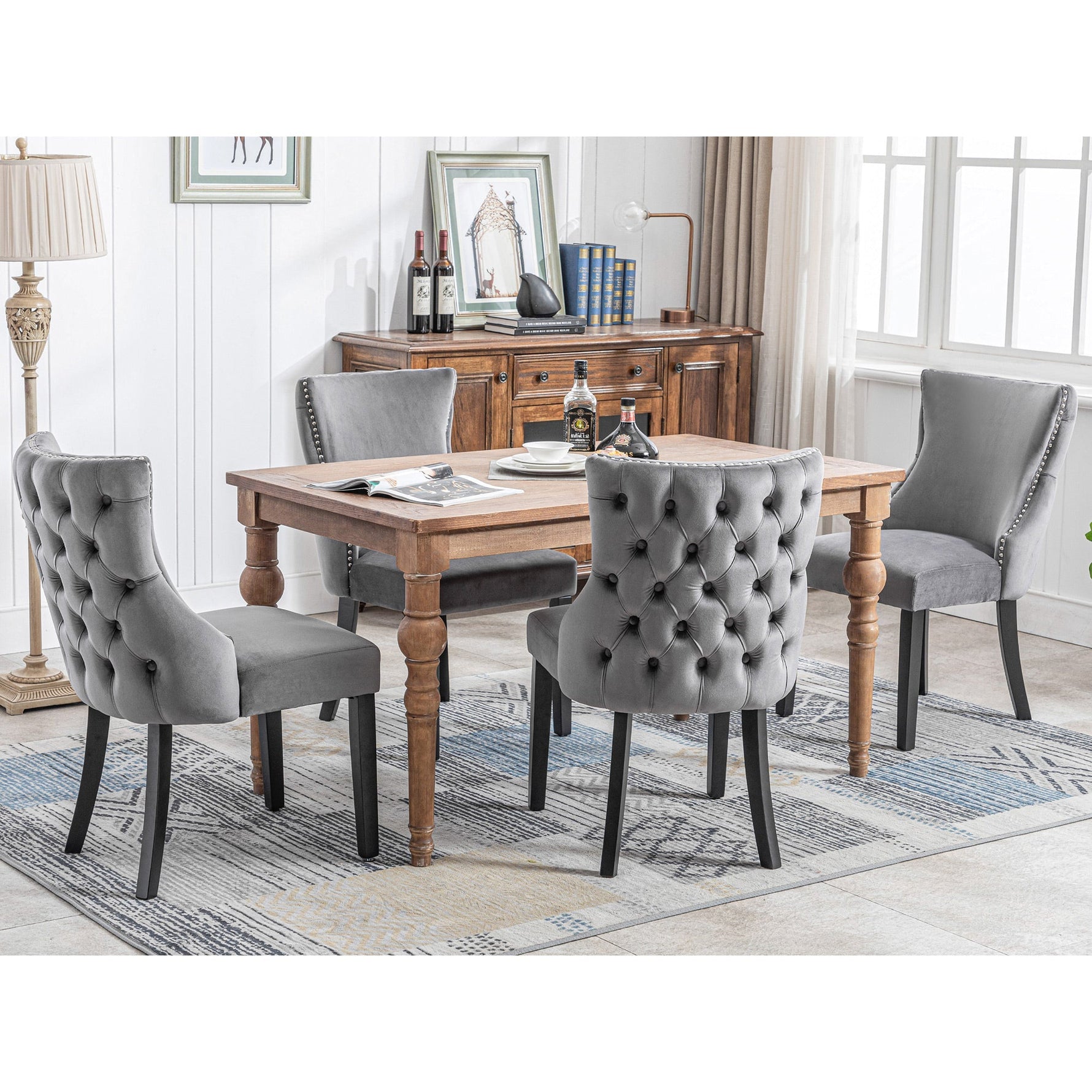 Set of 4 Dining Chairs, Button Tufted 4-Leg Solid Wood Frame, Grey Velvet